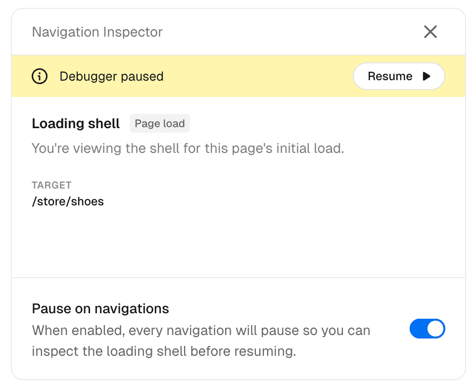 Navigation Inspector panel showing 'Loading shell' labeled 'Page load' with the target URL