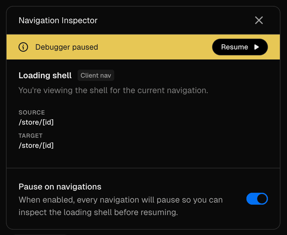 Navigation Inspector panel showing 'Loading shell' labeled 'Client nav' with source and target URLs