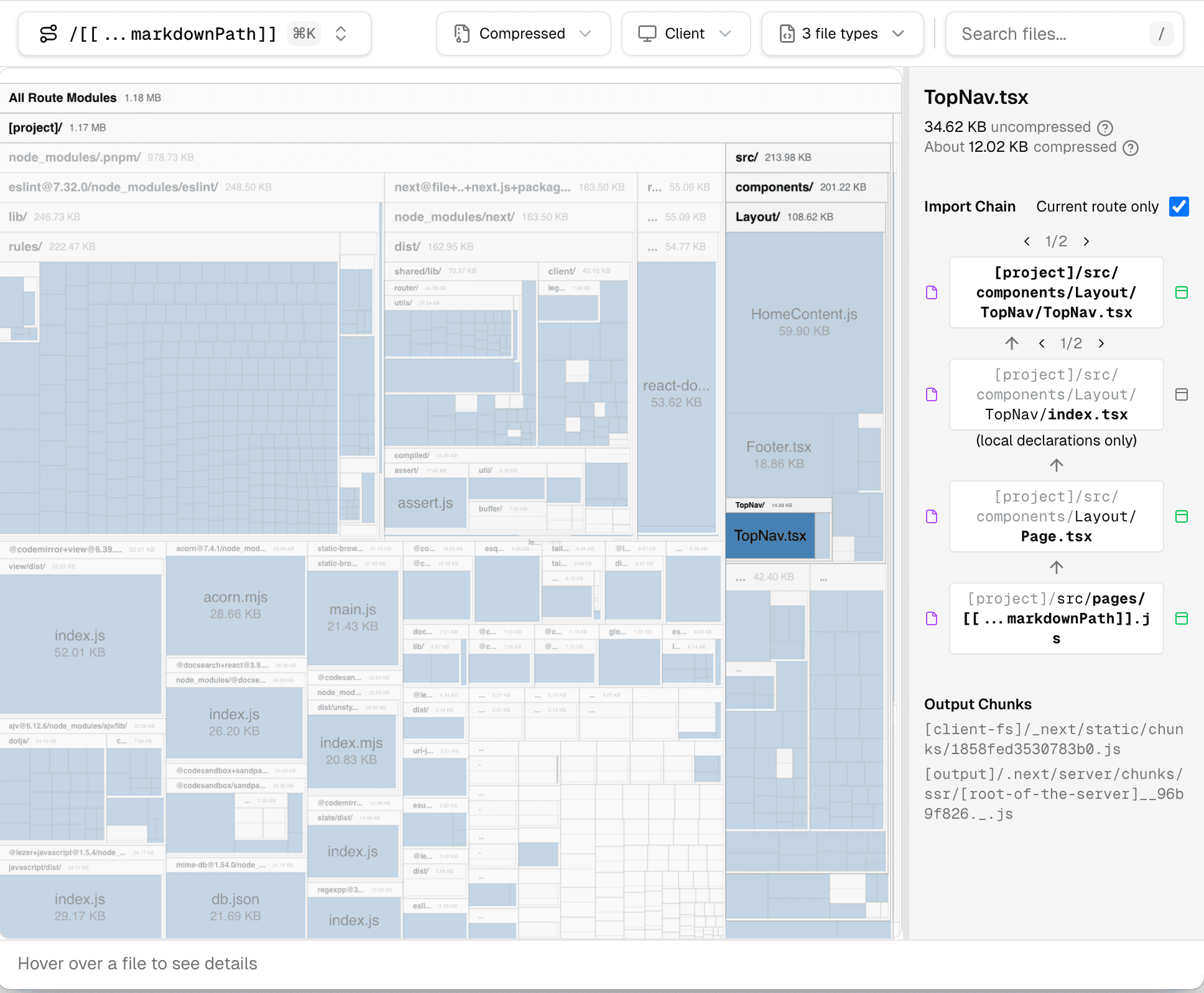 The Next.js Bundle Analyzer showing a treemap with TopNav.tsx selected, revealing its import chain.