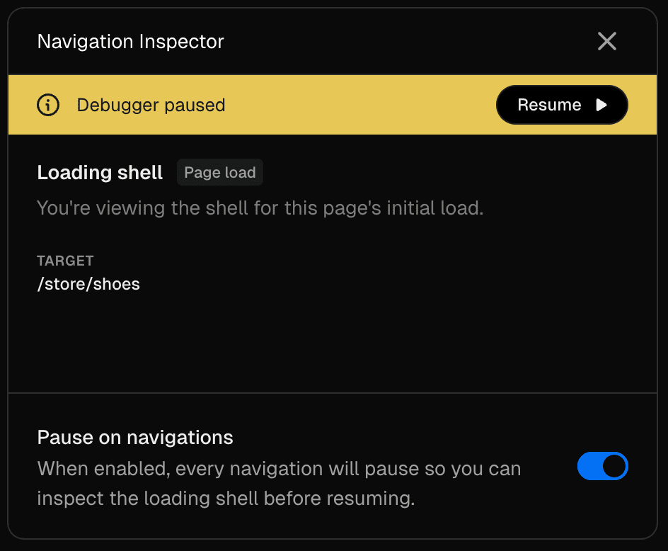 Navigation Inspector panel showing 'Loading shell' labeled 'Page load' with the target URL