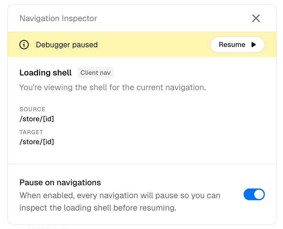 Navigation Inspector panel showing 'Loading shell' labeled 'Client nav' with source and target URLs